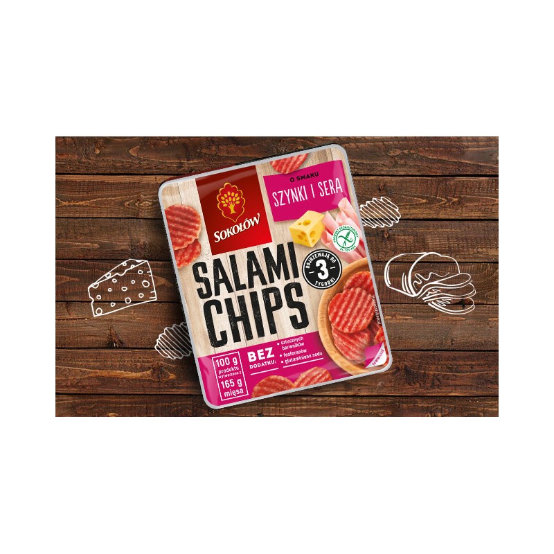 SALAMI CHIPS SZYNKA I SER 60G SOKOŁÓW