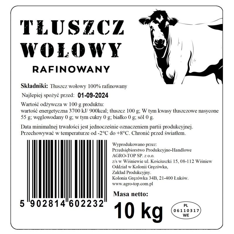 Tłuszcz wołowy rafinowany w bloku 10kg Agro-Top