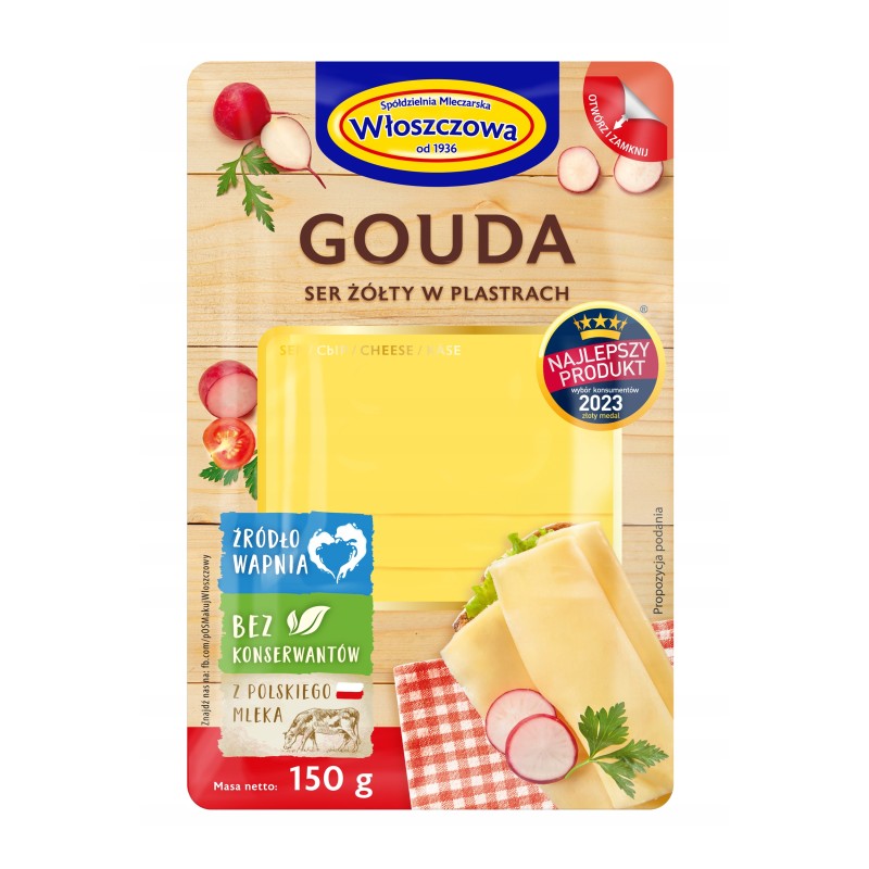 SER ŻÓŁTY GOUDA W PLASTRACH 150G WŁOSZCZOWA